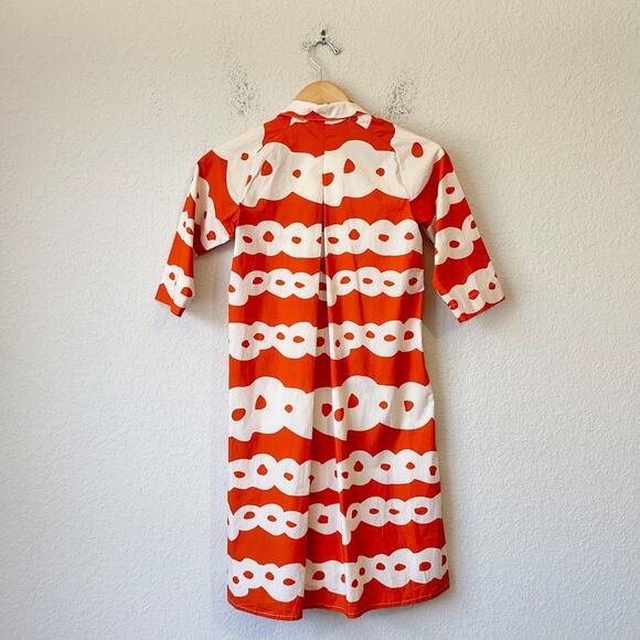 MIMISOL Long Shirt Dress Orange White Abstract Pleated Cotton Artsy NWT - Picture 2 of 12